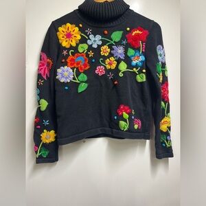 Berek VTG black ramie cotton turtleneck sweater colorful floral embroidery SMALL